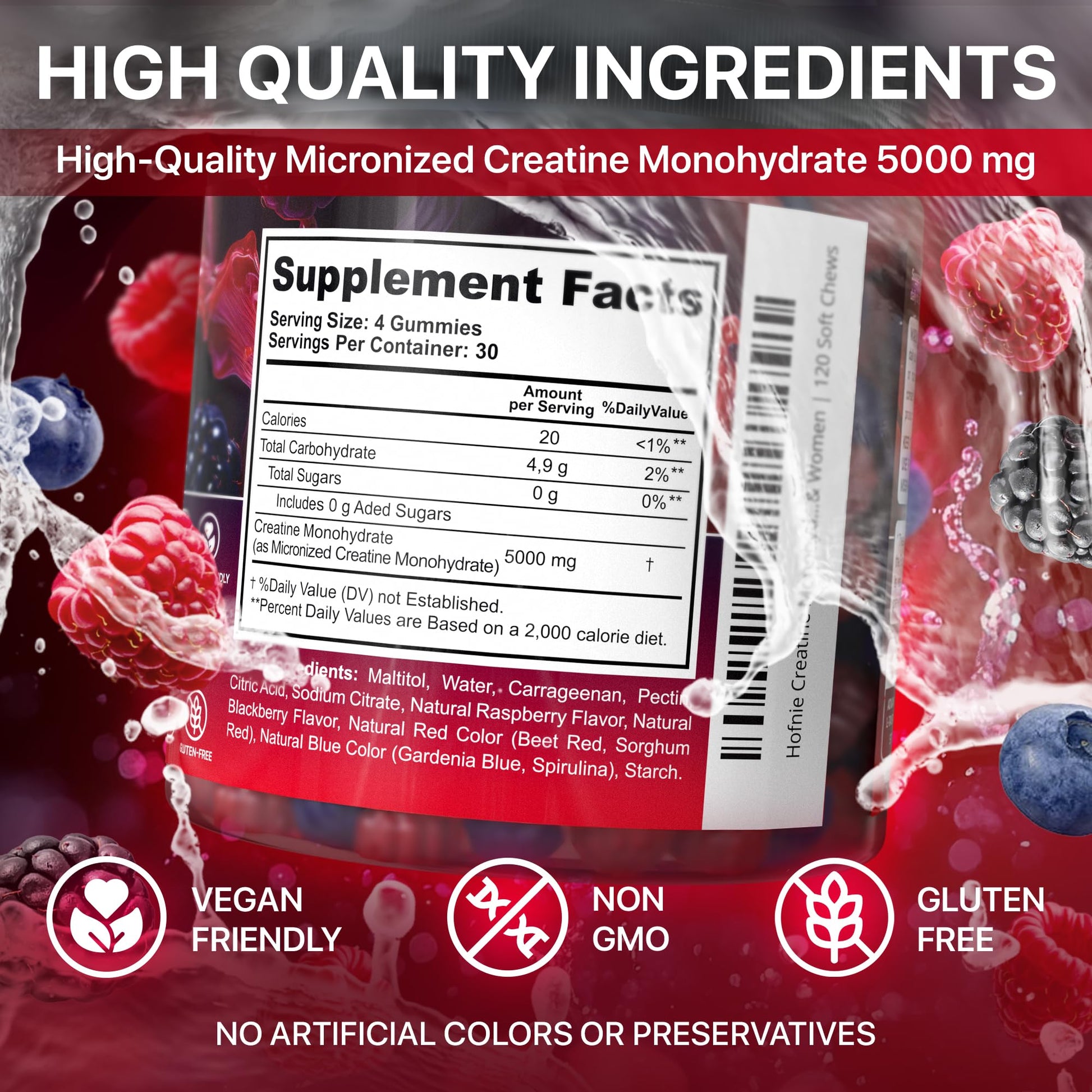 Hofnie Creatine Monohydrate Gummies 5000 mg – Vegan, Sugar-Free Pre Workout Creatine for Men & Women – Raspberry & BlackBerry Flavored Chewable Creatine Monohydrate, 120 Gummies (30-Day Supply) - Maple Wellness Supplements
