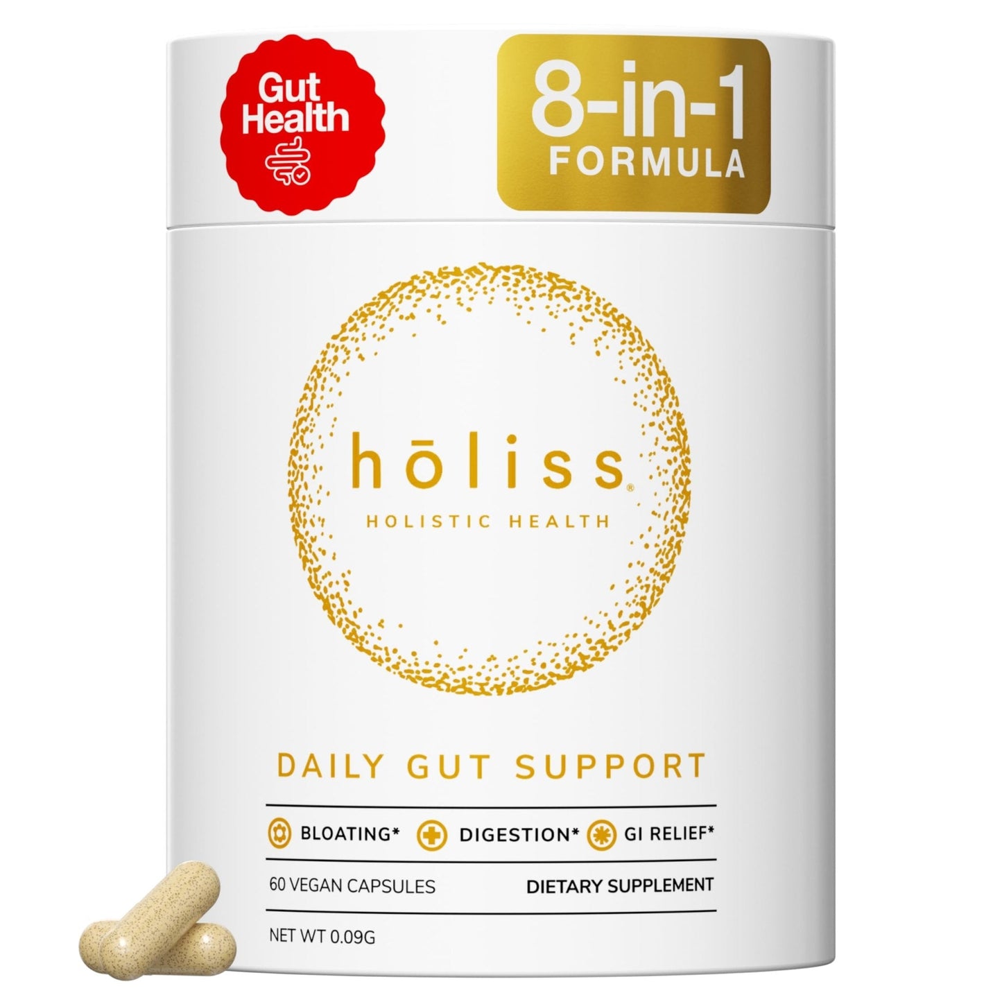 HOLISS Daily Gut Health Capsules – 8-in-1 All Natural Supplement, Lemon Balm, Bloat & Gas Relief, GI Lining Repair, - Maple Wellness Supplements