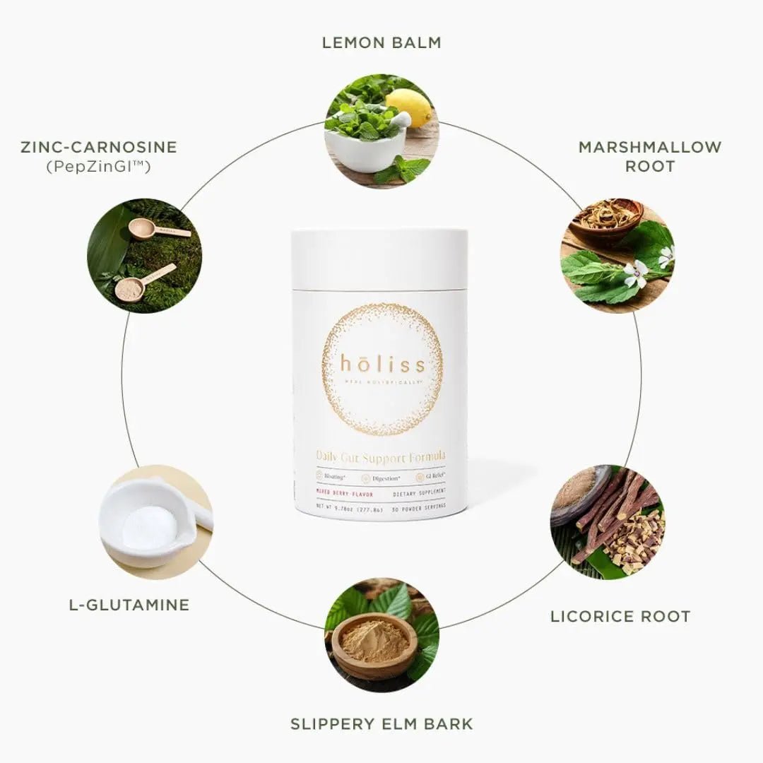 HOLISS Daily Gut Health Kit – 6-in-1 All Natural Supplement, Bloat & Gas Aid, GI Lining Repair, IBS Support – Lemon Balm, L-Glutamine, PepZinGI, Mixed Berry, 30 Servings, Electric Mixer & Spoon - Maple Wellness Supplements