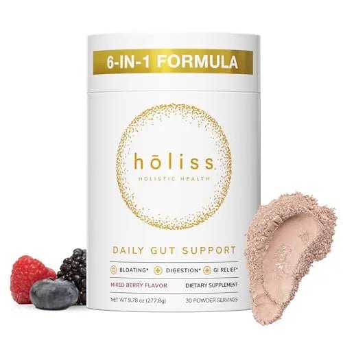 HOLISS Daily Gut Health Kit – 6-in-1 All Natural Supplement, Bloat & Gas Aid, GI Lining Repair, IBS Support – Lemon Balm, L-Glutamine, PepZinGI, Mixed Berry, 30 Servings, Electric Mixer & Spoon - Maple Wellness Supplements