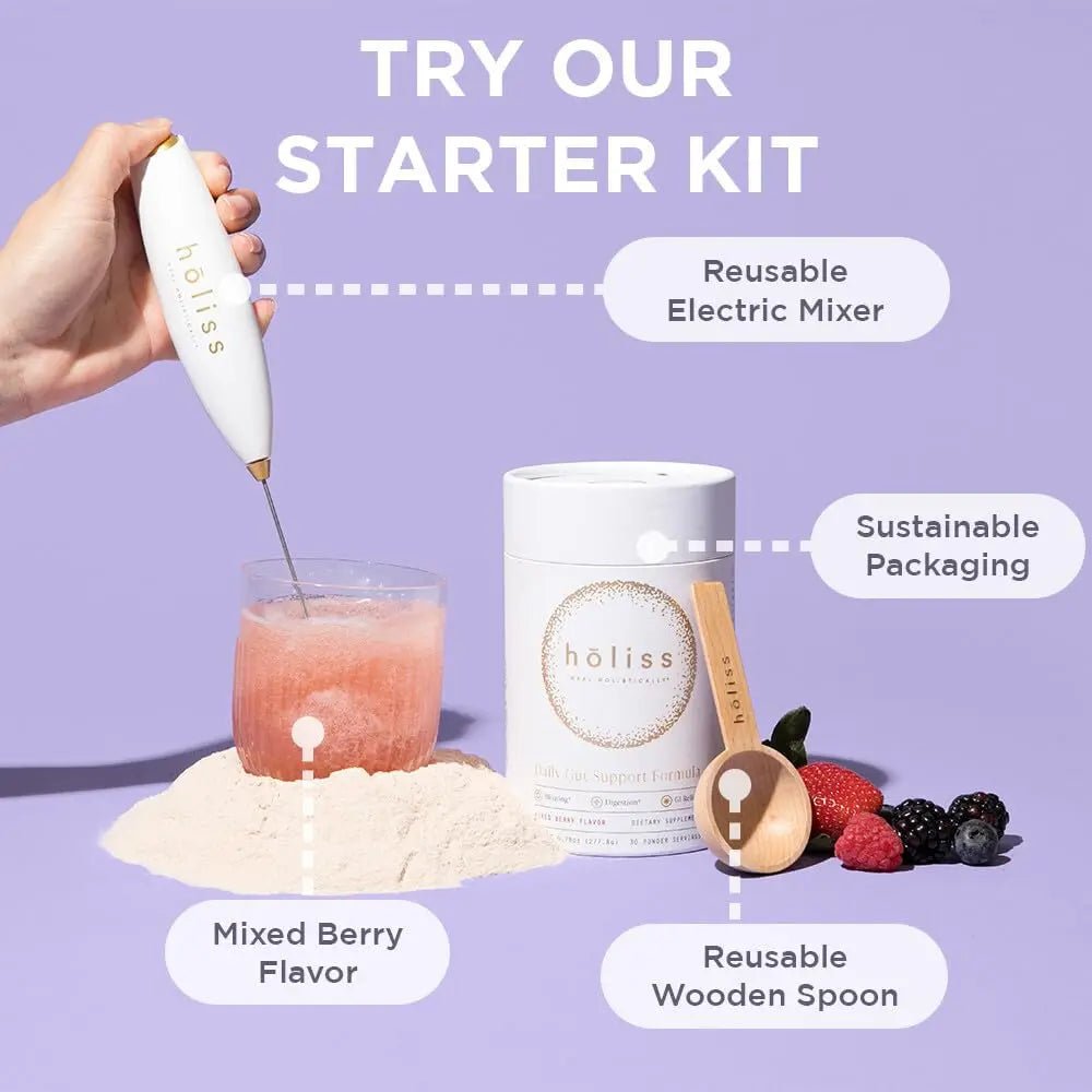 HOLISS Daily Gut Health Kit – 6-in-1 All Natural Supplement, Bloat & Gas Aid, GI Lining Repair, IBS Support – Lemon Balm, L-Glutamine, PepZinGI, Mixed Berry, 30 Servings, Electric Mixer & Spoon - Maple Wellness Supplements
