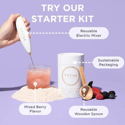 HOLISS Daily Gut Health Kit – 6-in-1 All Natural Supplement, Bloat & Gas Aid, GI Lining Repair, IBS Support – Lemon Balm, L-Glutamine, PepZinGI, Mixed Berry, 30 Servings, Electric Mixer & Spoon - Maple Wellness Supplements