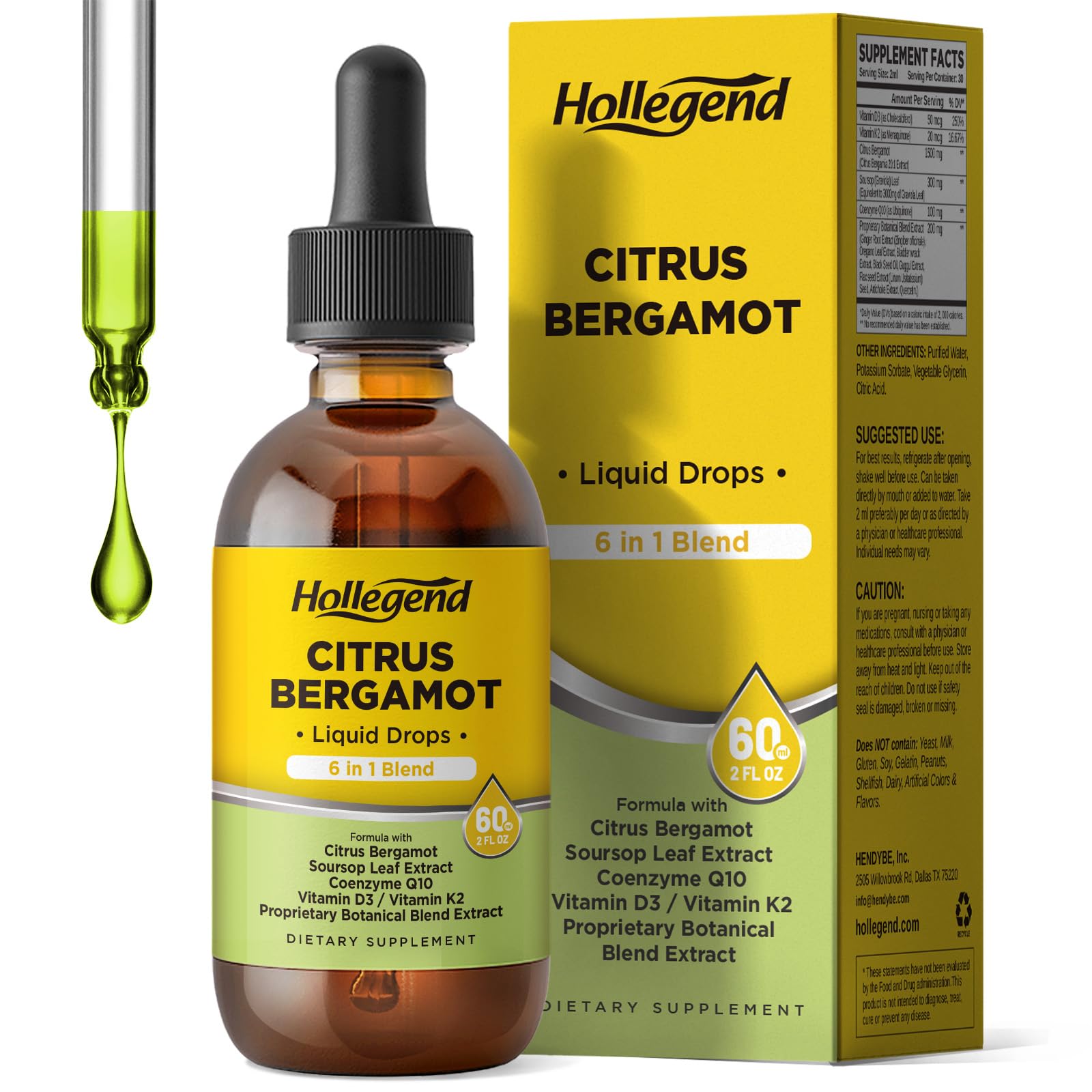 HOLLEGEND Citrus Bergamot Liquid Drops, Organic Citrus Bergamot 1000mg Supplement, Plus Soursop, CoQ10, Vitamin D3, K2, - Maple Wellness Supplements