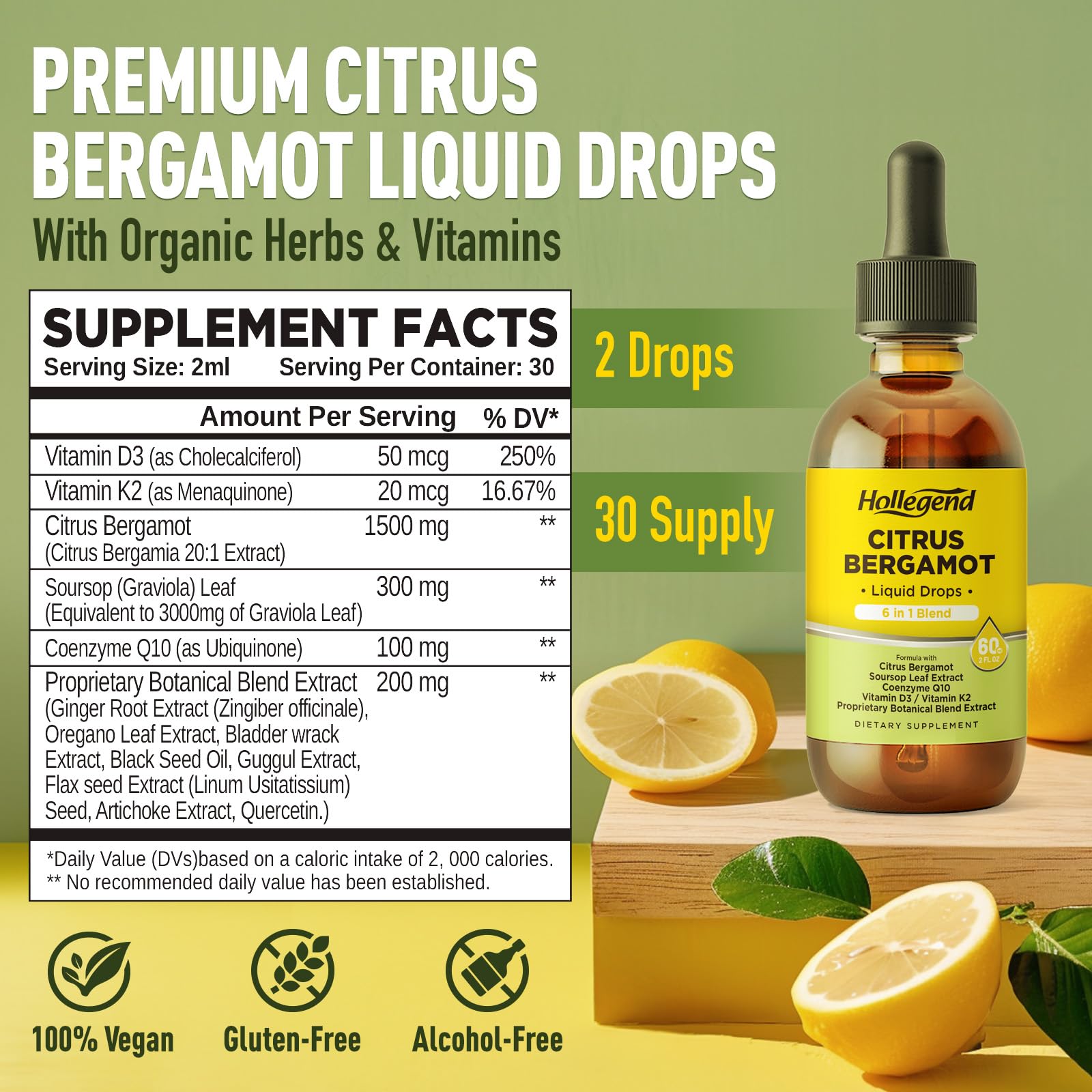 HOLLEGEND Citrus Bergamot Liquid Drops, Organic Citrus Bergamot 1000mg Supplement, Plus Soursop, CoQ10, Vitamin D3, K2, - Maple Wellness Supplements