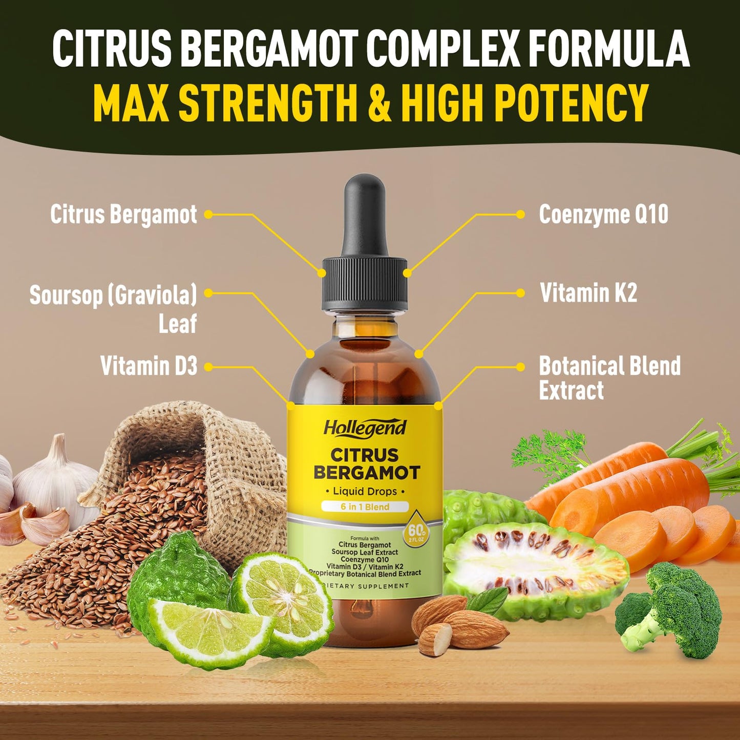 HOLLEGEND Citrus Bergamot Liquid Drops, Organic Citrus Bergamot 1000mg Supplement, Plus Soursop, CoQ10, Vitamin D3, K2, - Maple Wellness Supplements