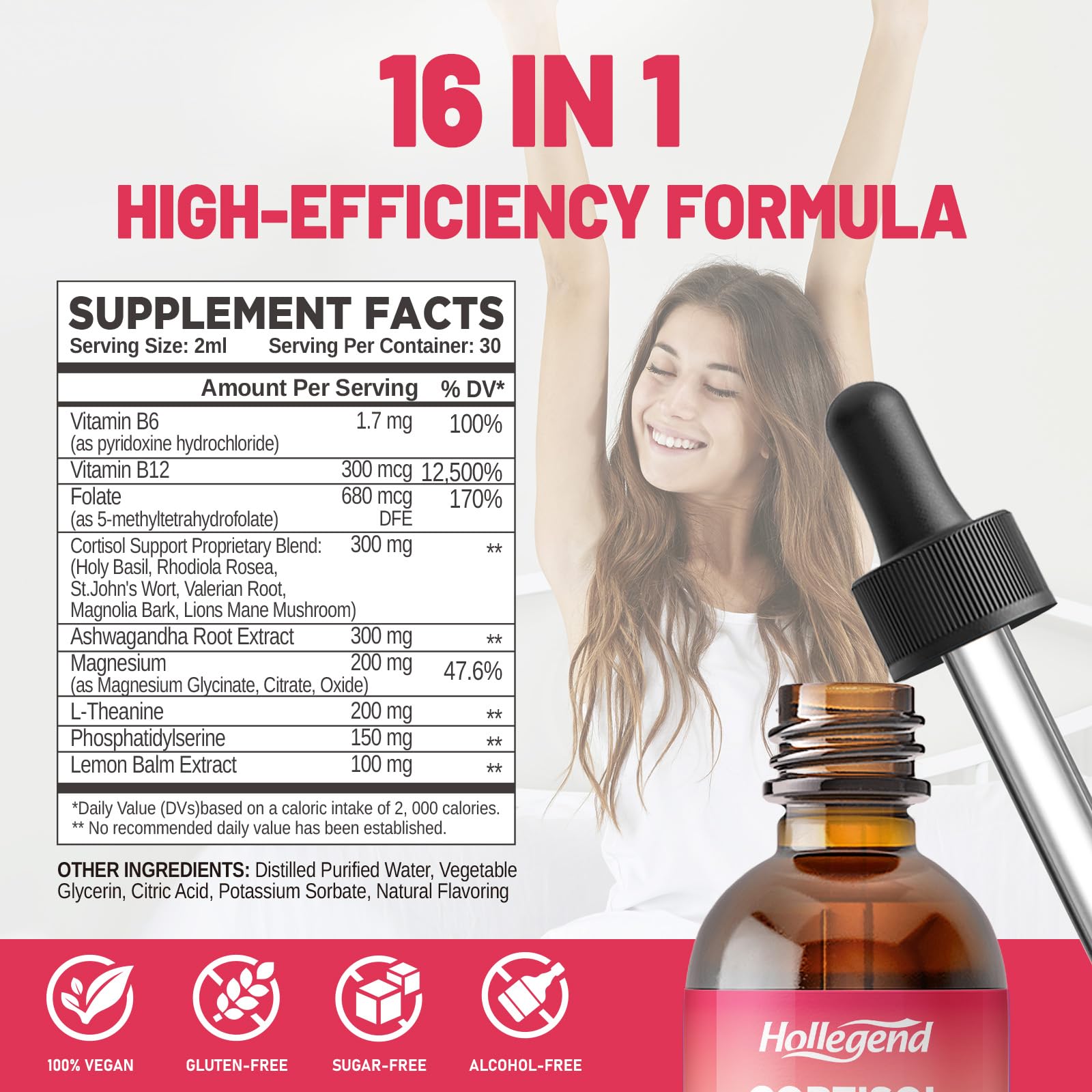 HOLLEGEND Cortisol Supplements for Women, Cortisol Wellness Liquid Drops, 16 in 1 Cortisol Detox Reducer w. Ashwagandha, Magnesium, L-Theanine, Folate for Relaxation & Hormone Balance, Strawberry - Maple Wellness Supplements