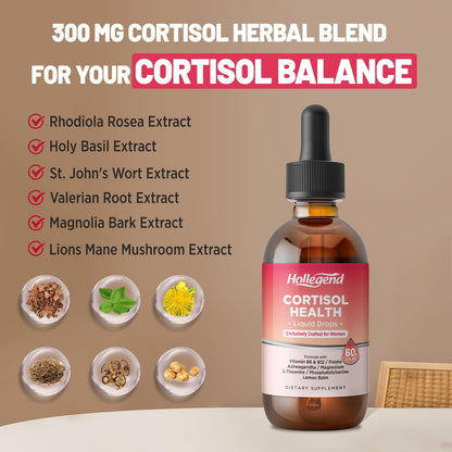 HOLLEGEND Cortisol Supplements for Women, Cortisol Wellness Liquid Drops, 16 in 1 Cortisol Detox Reducer w. Ashwagandha, Magnesium, L-Theanine, Folate for Relaxation & Hormone Balance, Strawberry - Maple Wellness Supplements