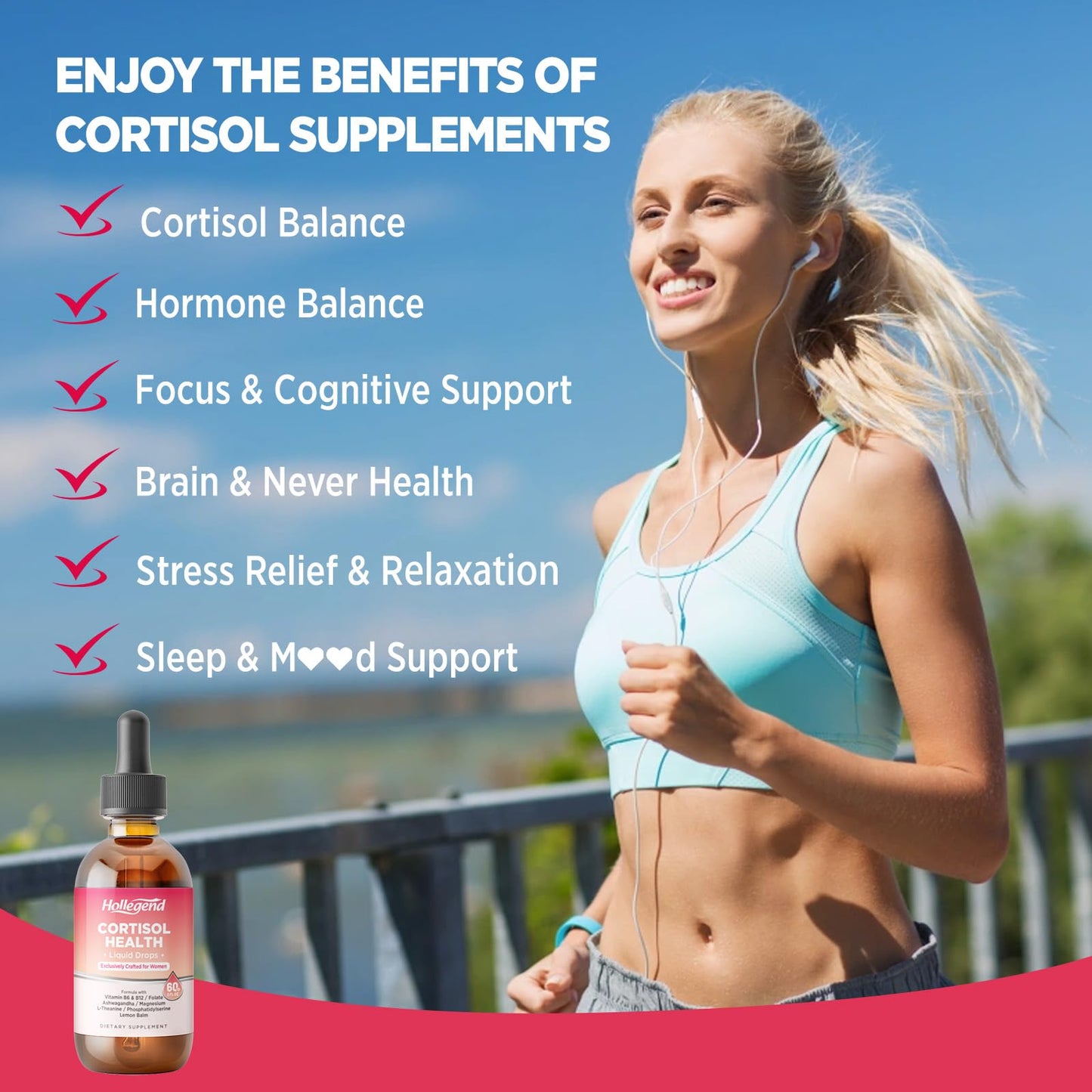 HOLLEGEND Cortisol Supplements for Women, Cortisol Wellness Liquid Drops, 16 in 1 Cortisol Detox Reducer w. Ashwagandha, Magnesium, L-Theanine, Folate for Relaxation & Hormone Balance, Strawberry - Maple Wellness Supplements