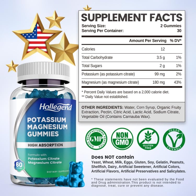 HOLLEGEND Potassium Magnesium Gummies, High Absorption Potassium Citrate 99mg Magnesium Citrate 180mg, Chewable Gummy Supplements for Leg Cramps & Muscle, 60 Count - Maple Wellness Supplements