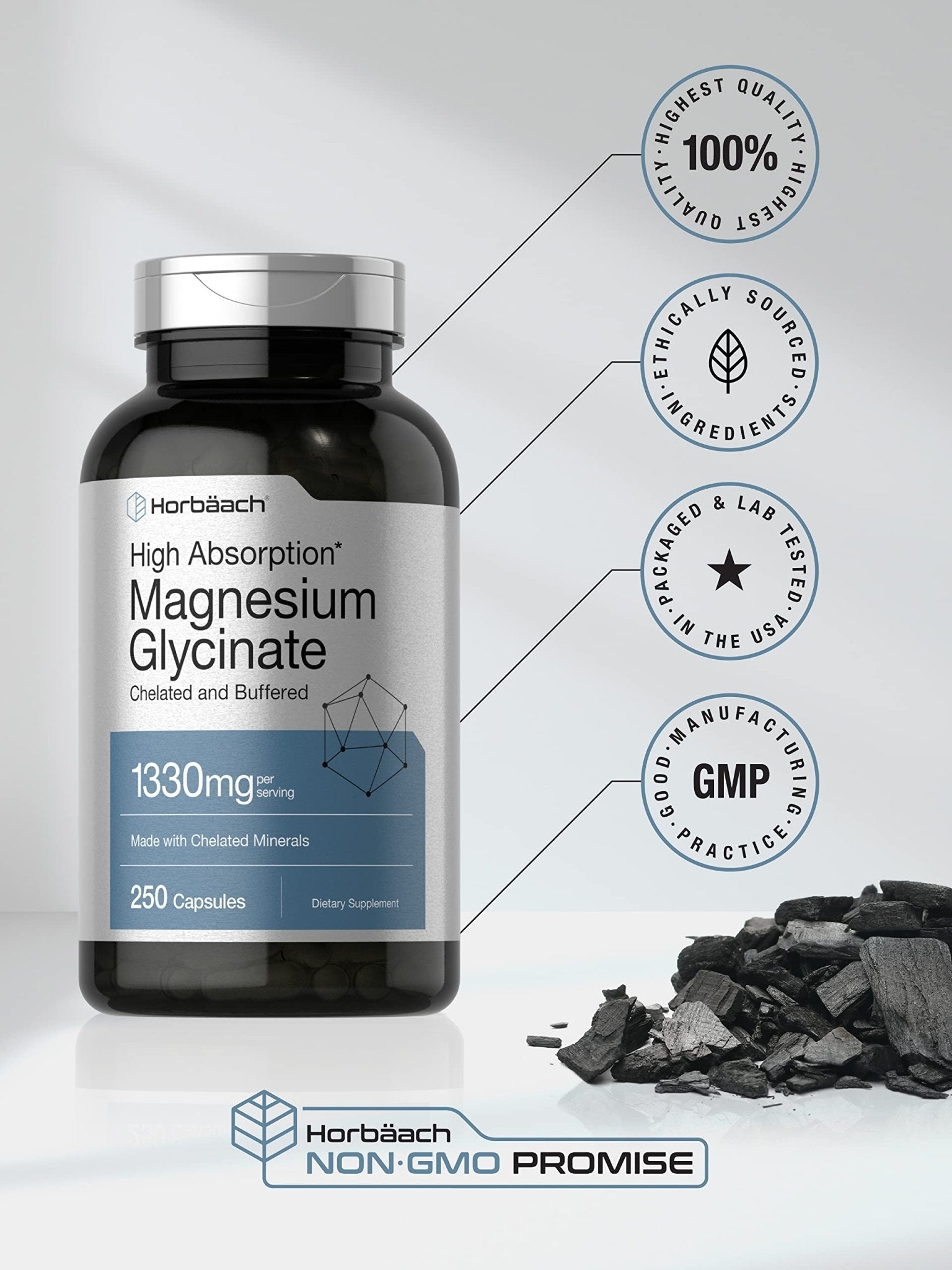 Horbaach Magnesium Glycinate 1330mg | 250 Capsules | Buffered with Chelated Minerals | 240 mg per Serving | Non-GMO, Gluten Free Supplement - Maple Wellness Supplements