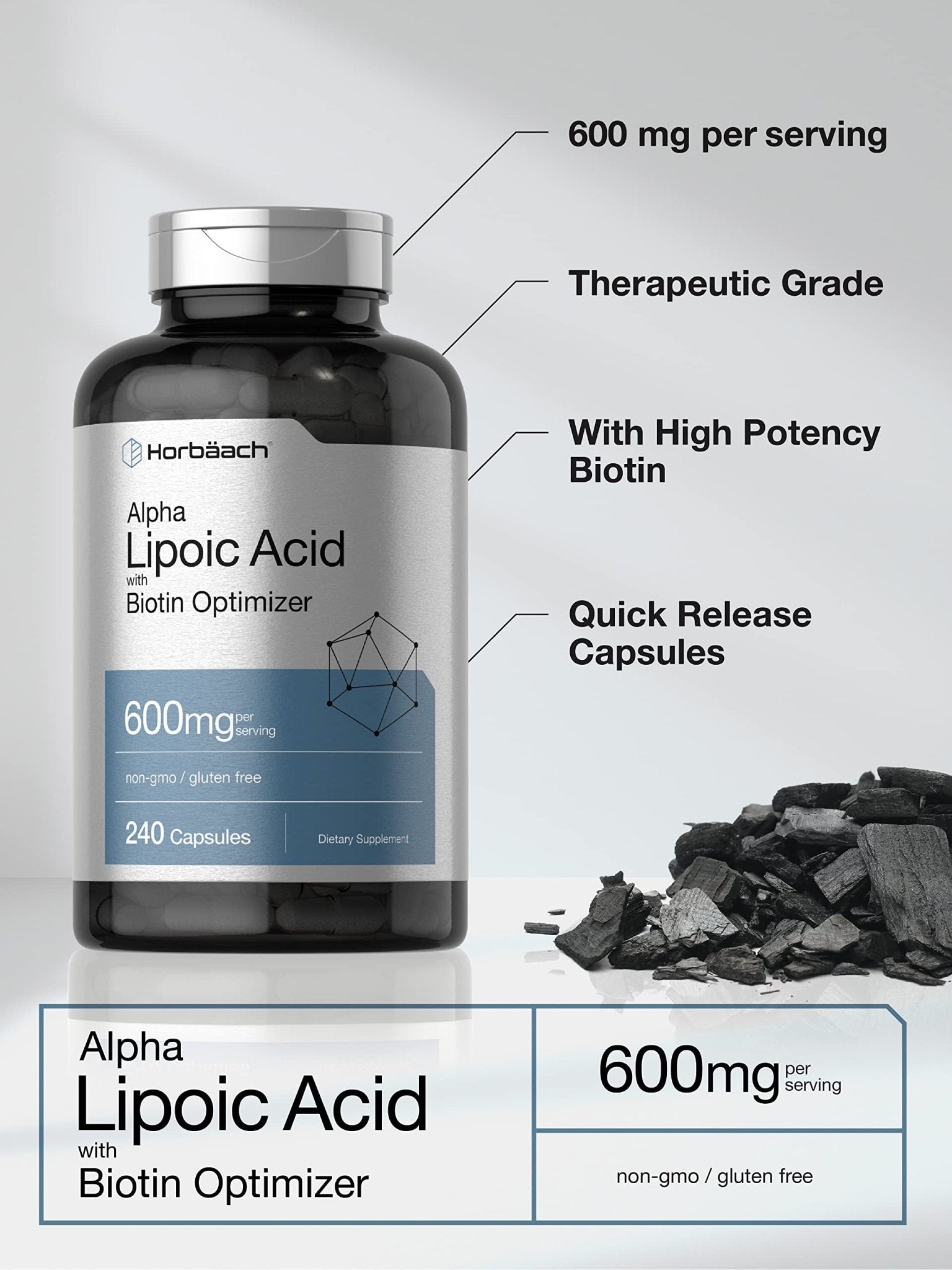 Horbäach Alpha Lipoic Acid 600mg | 240 Capsules | with Biotin Optimizer | Non-GMO and Gluten Free Supplement - Maple Wellness Supplements