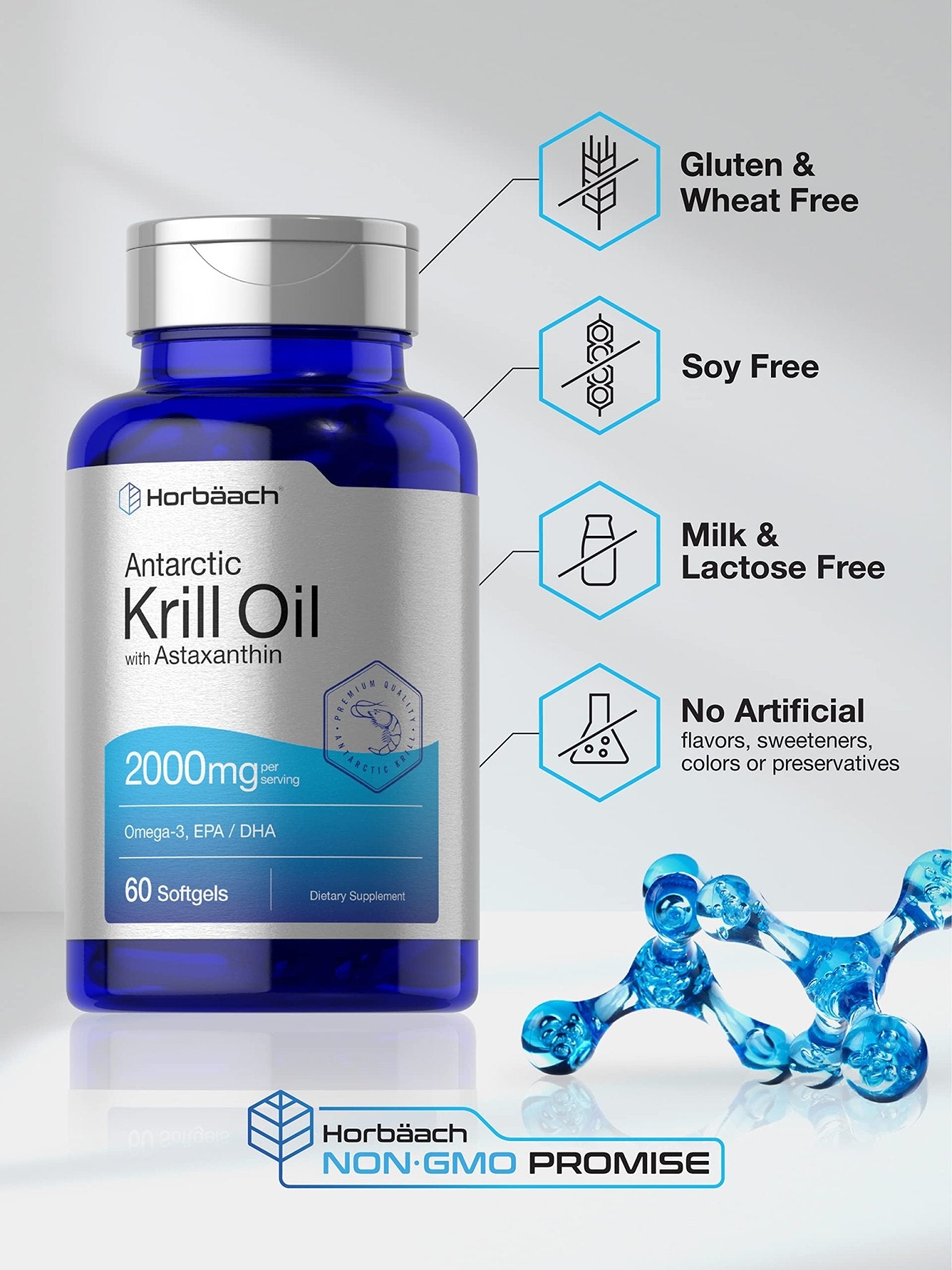 Horbäach Antarctic Krill Oil 2000mg | 60 Softgel Capsules | Omega-3, EPA, DHA Supplemen - Maple Wellness Supplements