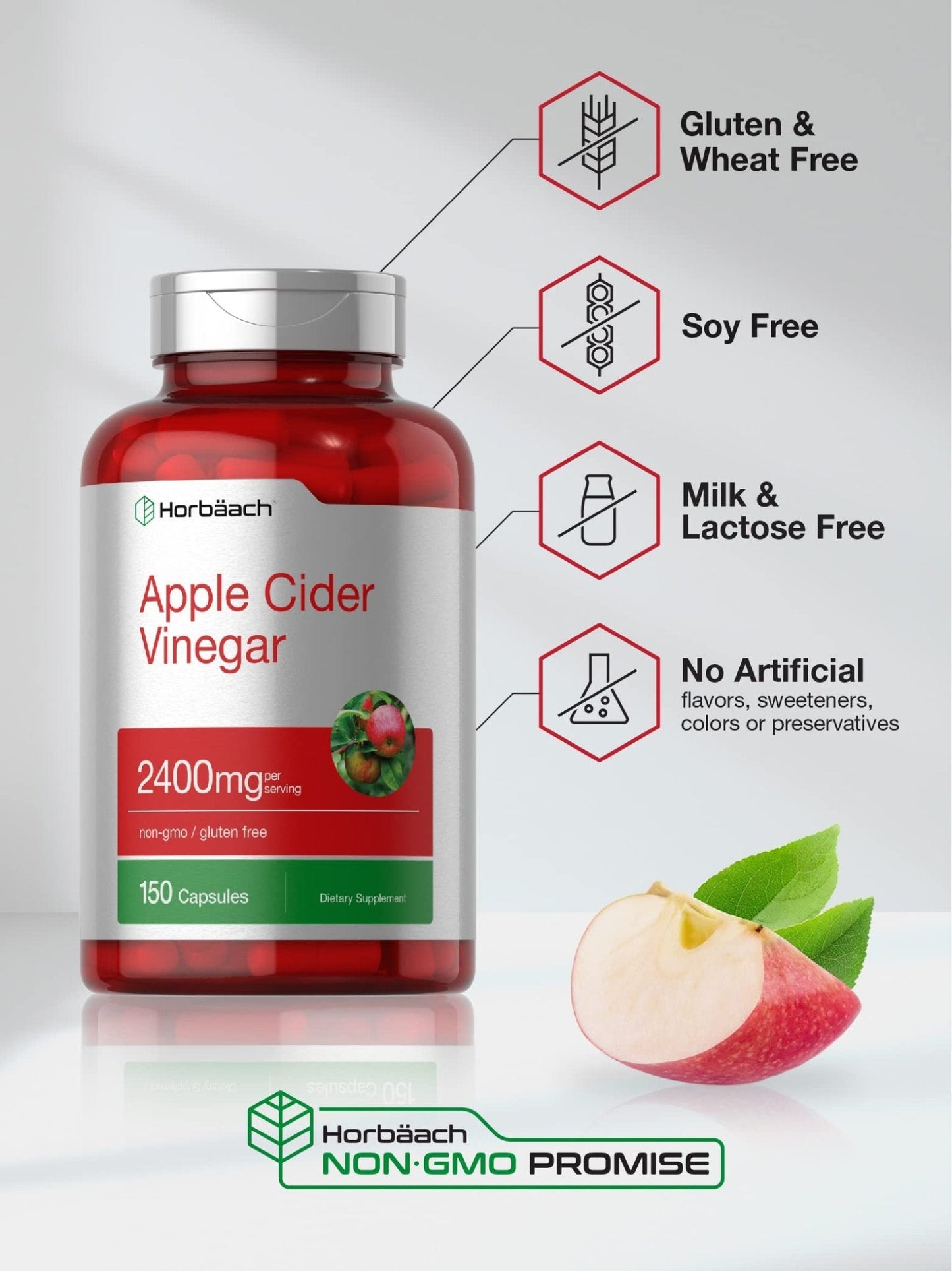 Horbäach Apple Cider Vinegar Capsules | 2400mg | 150 Count | Non-GMO, Gluten Free Supplement - Maple Wellness Supplements