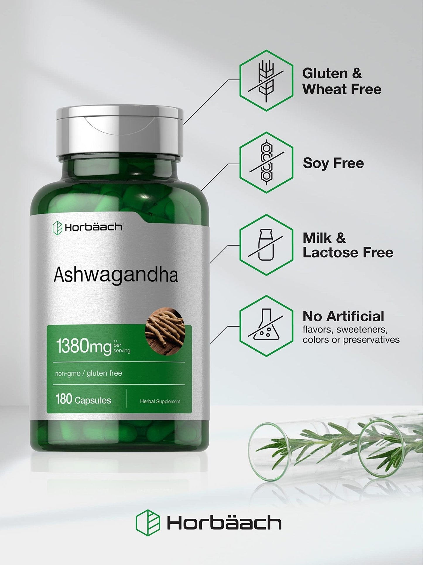 Horbäach Ashwagandha Root Supplement | 180 Capsules | for Women and Men | Herbal Extract | Non-GMO, Gluten Free - Maple Wellness Supplements