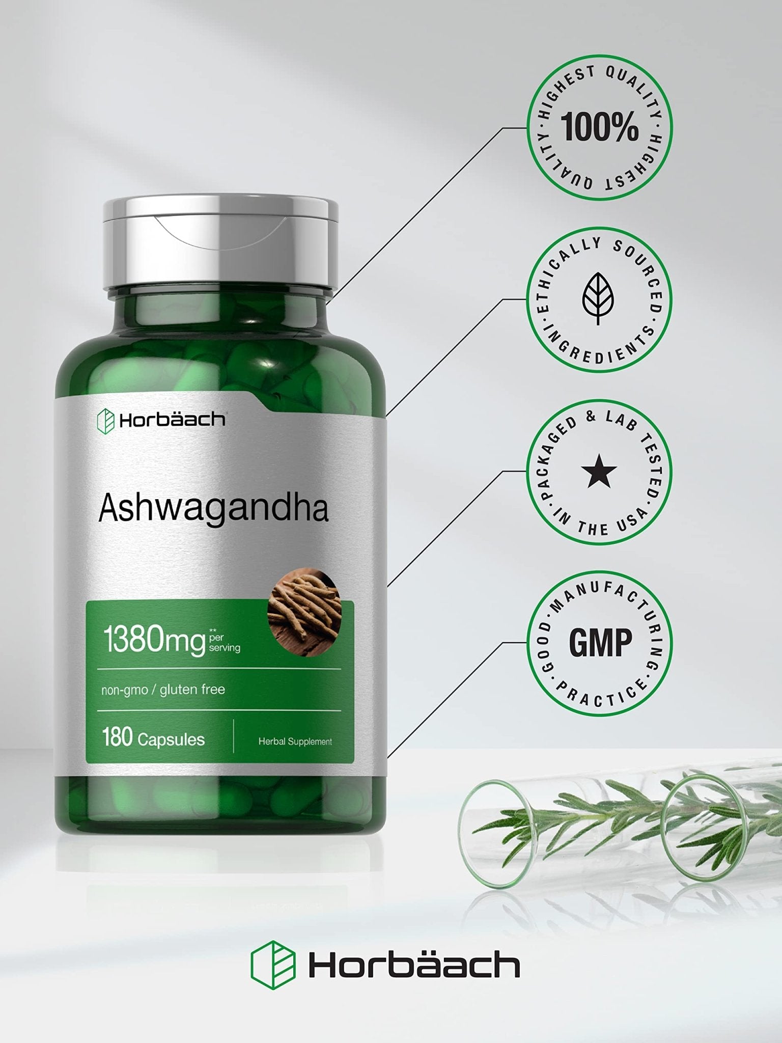 Horbäach Ashwagandha Root Supplement | 180 Capsules | for Women and Men | Herbal Extract | Non-GMO, Gluten Free - Maple Wellness Supplements