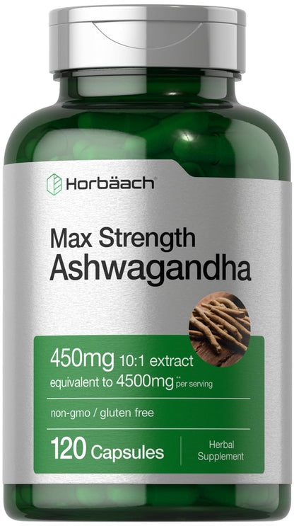 Horbäach Ashwagandha Supplement | Max Strength | 120 Capsules | Non-GMO, Gluten Free - Maple Wellness Supplements