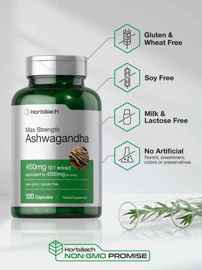 Horbäach Ashwagandha Supplement | Max Strength | 120 Capsules | Non-GMO, Gluten Free - Maple Wellness Supplements