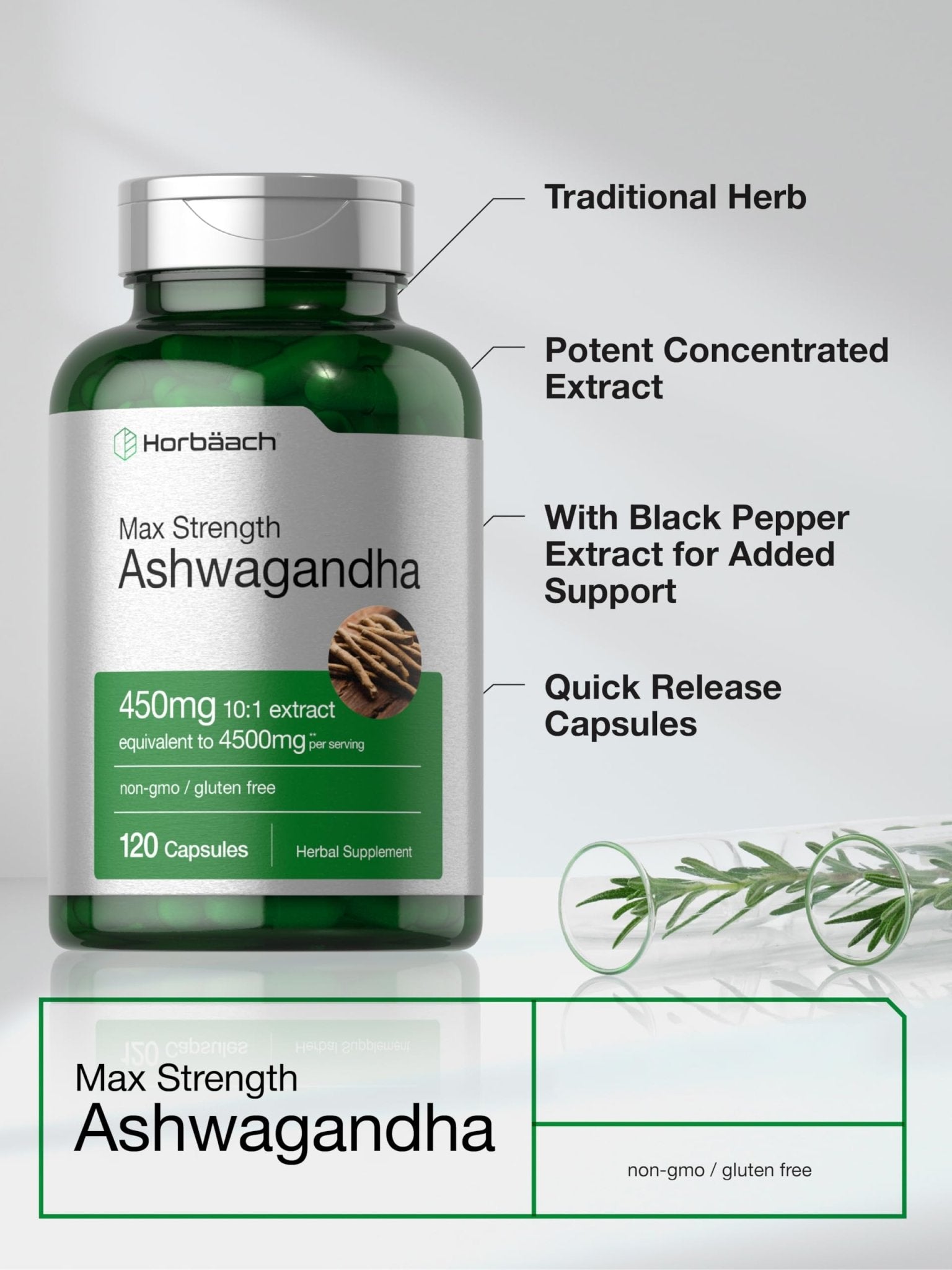 Horbäach Ashwagandha Supplement | Max Strength | 120 Capsules | Non-GMO, Gluten Free - Maple Wellness Supplements