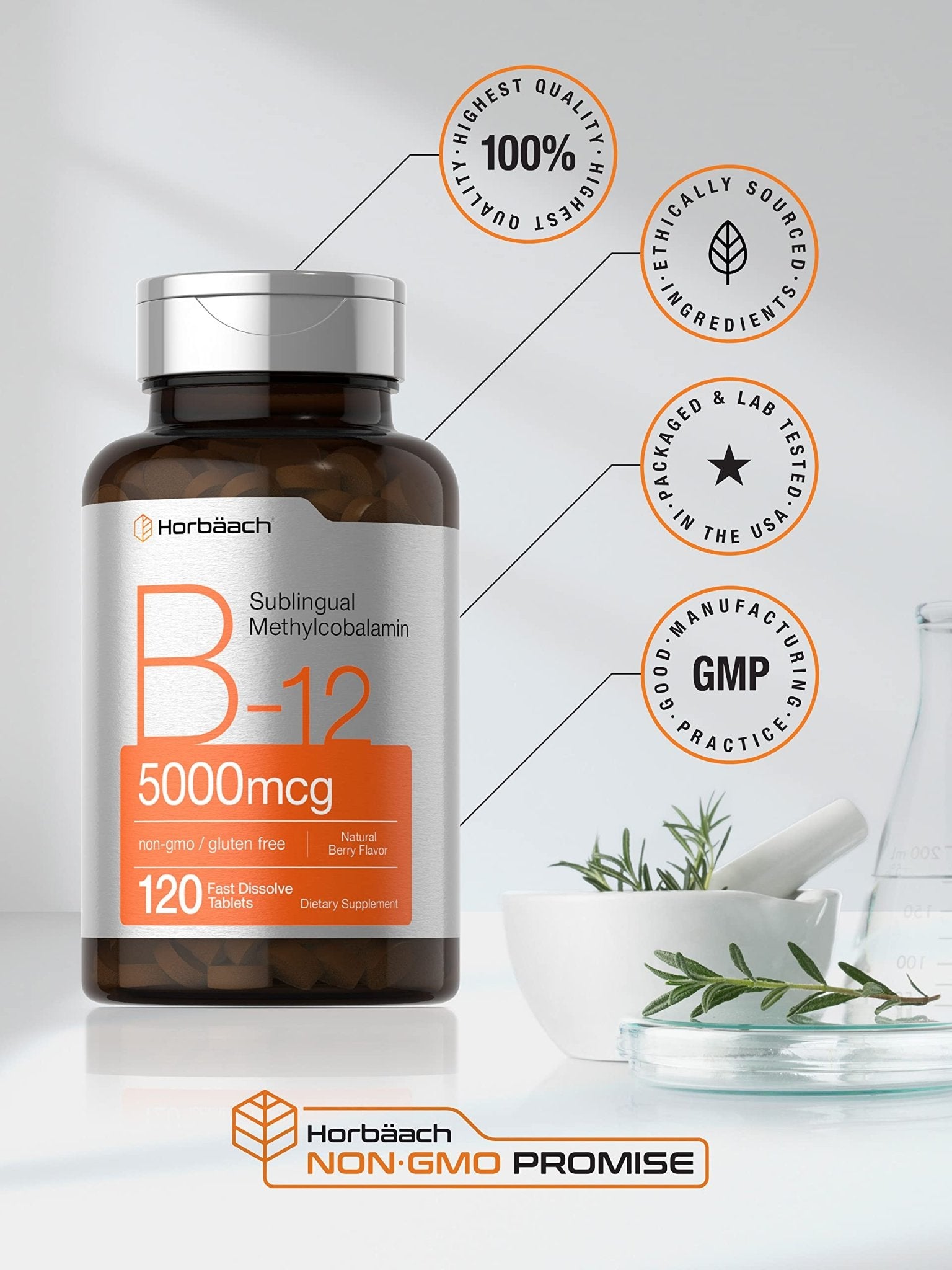 Horbäach B12 Sublingual Methylcobalamin | 5000mcg | 120 Fast Dissolve Tablets - Maple Wellness Supplements