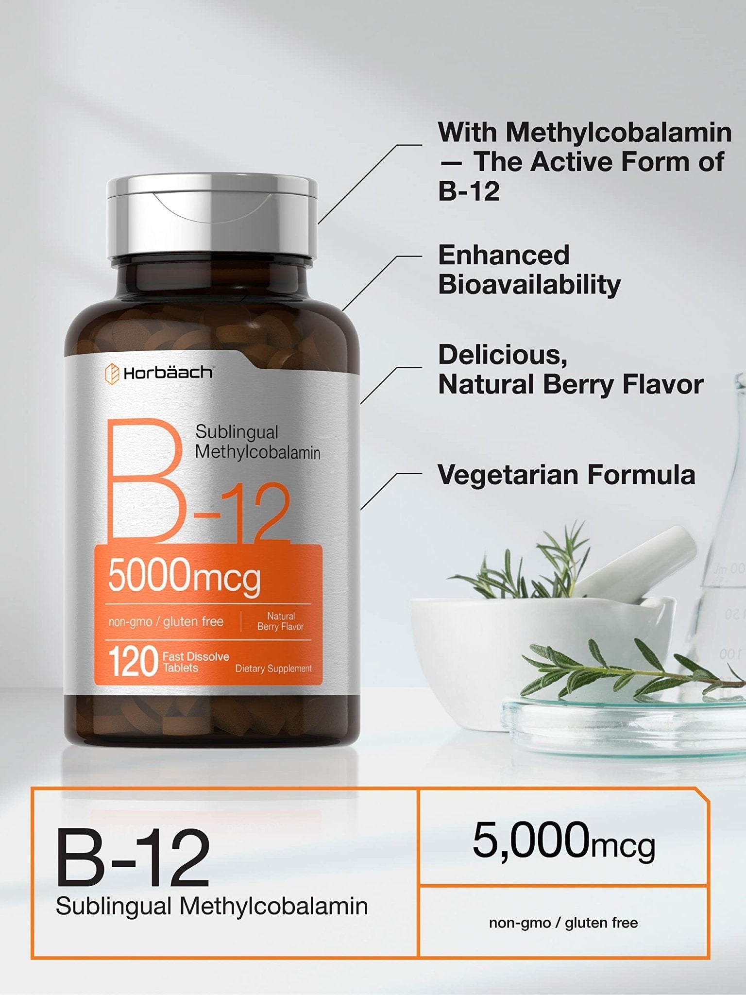 Horbäach B12 Sublingual Methylcobalamin | 5000mcg | 120 Fast Dissolve Tablets - Maple Wellness Supplements