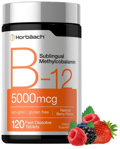 Horbäach B12 Vitamin 5000 mcg | 120 Fast Dissolve Tablets | Sublingual Methylcobalamin | Natural Berry Flavor | Vegan, Non-GMO - Maple Wellness Supplements
