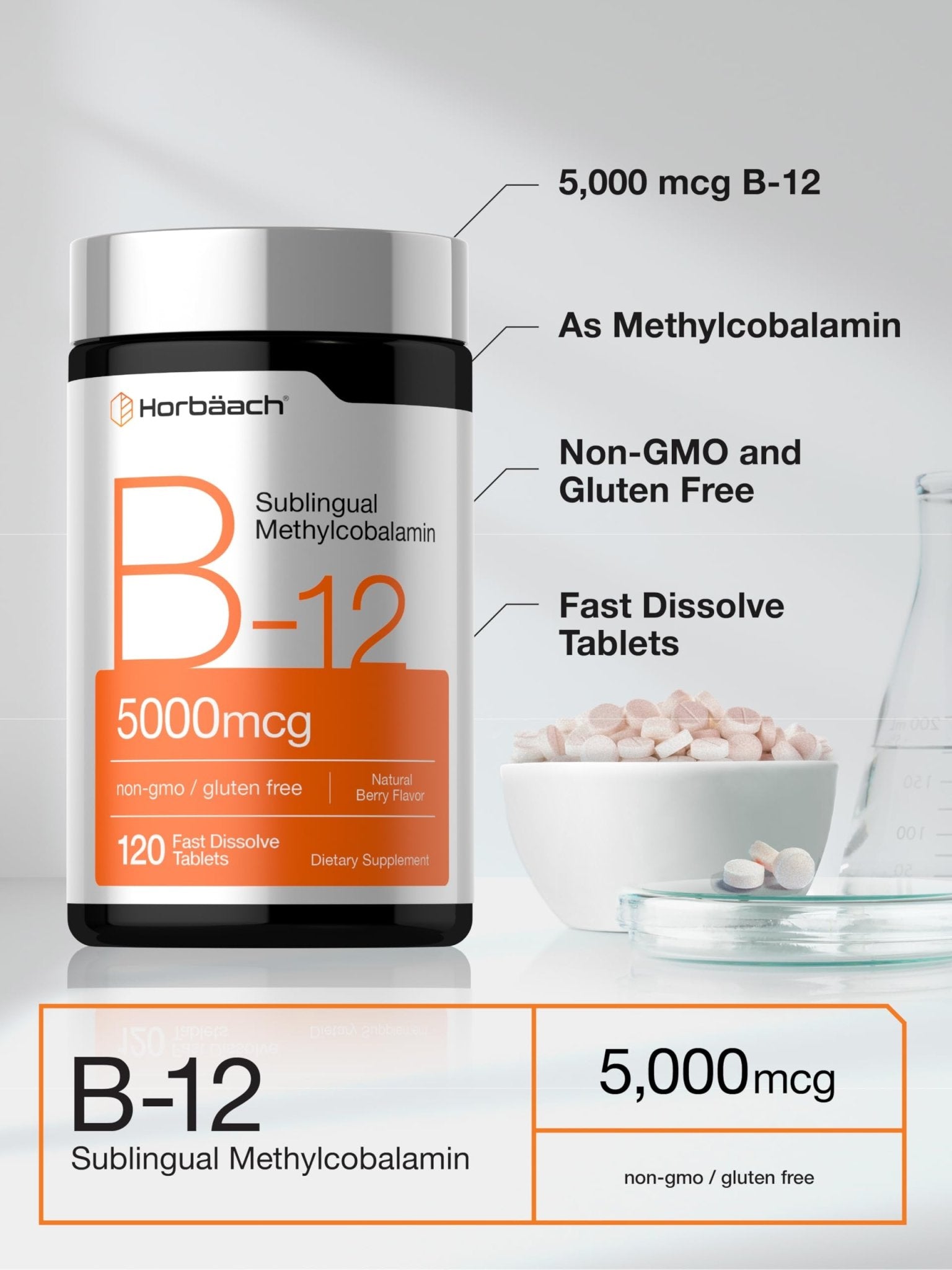 Horbäach B12 Vitamin 5000 mcg | 120 Fast Dissolve Tablets | Sublingual Methylcobalamin | Natural Berry Flavor | Vegan, Non-GMO - Maple Wellness Supplements