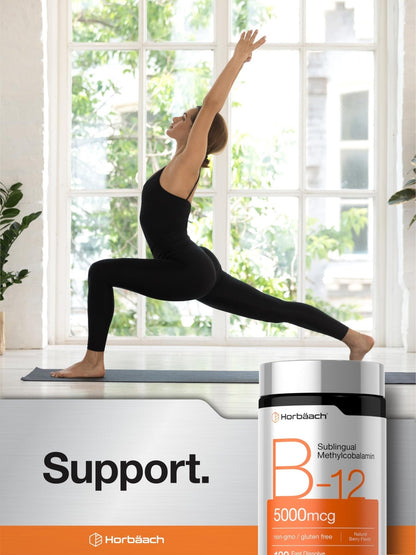 Horbäach B12 Vitamin 5000 mcg | 120 Fast Dissolve Tablets | Sublingual Methylcobalamin | Natural Berry Flavor | Vegan, Non-GMO - Maple Wellness Supplements