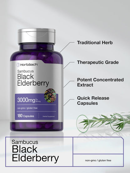 Horbäach Black Elderberry | 180 Count | Non-GMO, Gluten Free | Sambucus Extract Supplement - Maple Wellness Supplements