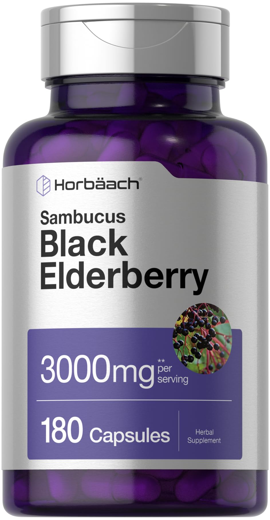 Horbäach Black Elderberry | 180 Count | Non-GMO, Gluten Free | Sambucus Extract Supplement - Maple Wellness Supplements