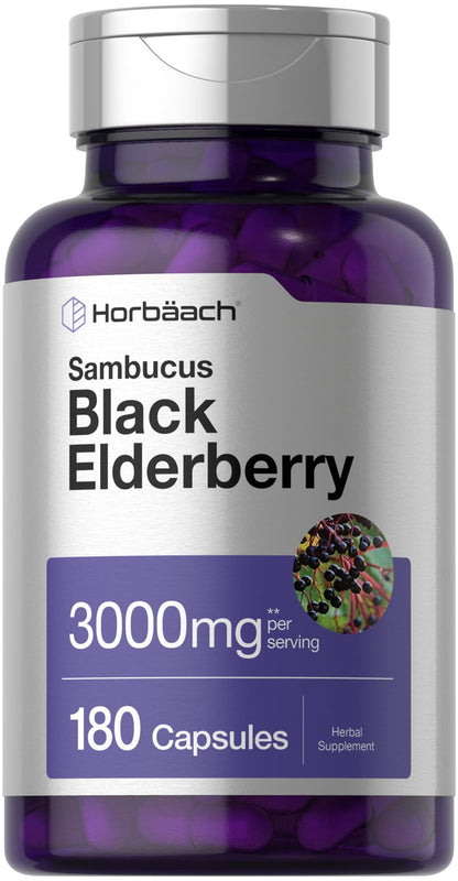 Horbäach Black Elderberry | 180 Count | Non-GMO, Gluten Free | Sambucus Extract Supplement - Maple Wellness Supplements
