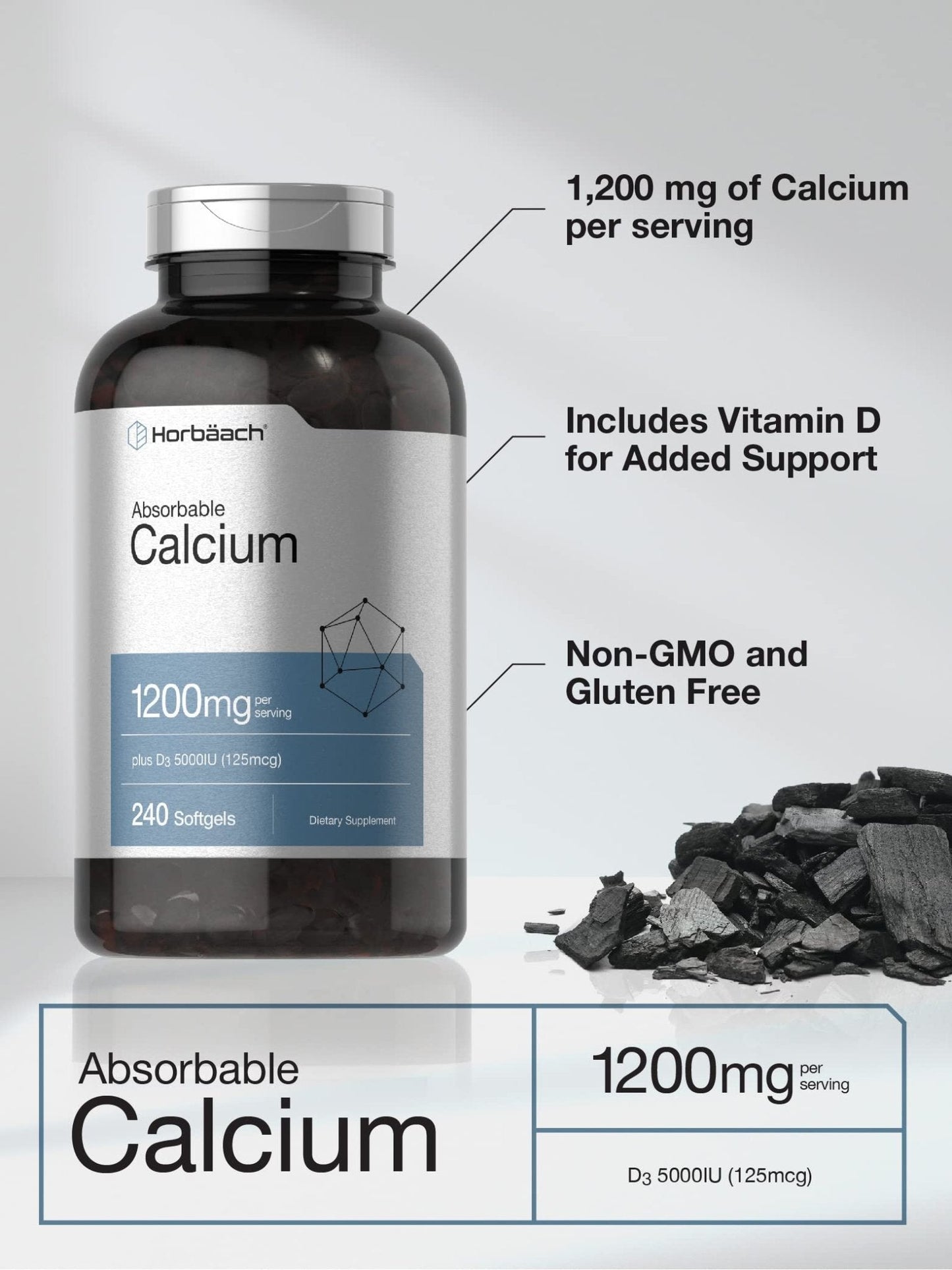 Horbäach Calcium 1200 mg with Vitamin D3 | 240 Softgels | 5000 IU Vitamin D3 | Absorbable Calcium Supplement for Women and Men - Maple Wellness Supplements