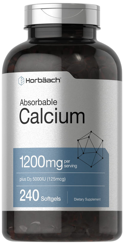 Horbäach Calcium 1200 mg with Vitamin D3 | 240 Softgels | 5000 IU Vitamin D3 | Absorbable Calcium Supplement for Women and Men - Maple Wellness Supplements
