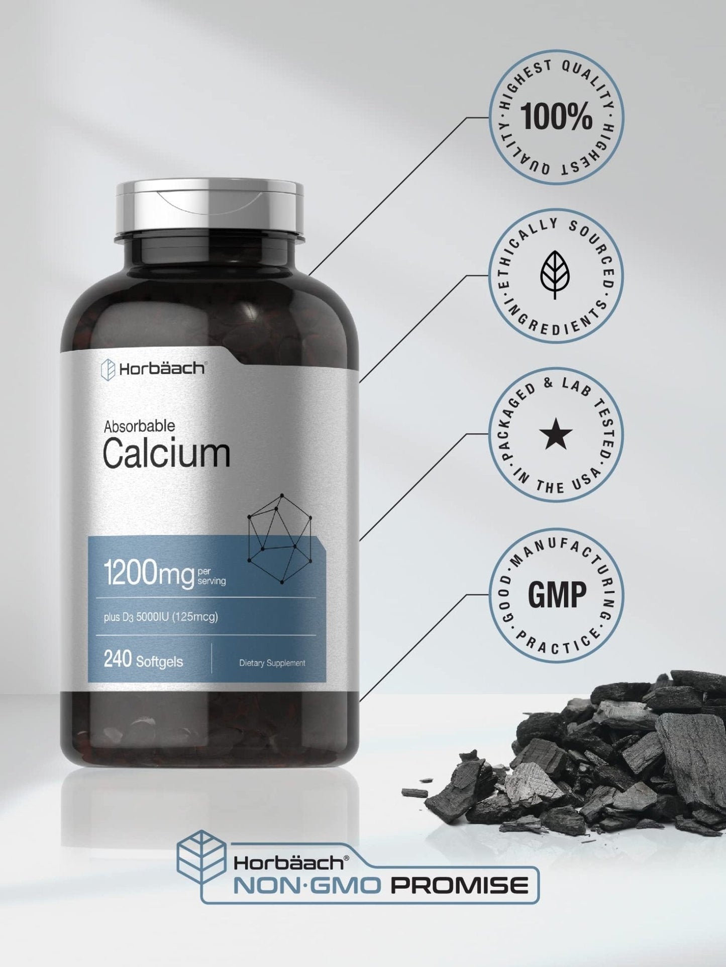 Horbäach Calcium 1200 mg with Vitamin D3 | 240 Softgels | 5000 IU Vitamin D3 | Absorbable Calcium Supplement for Women and Men - Maple Wellness Supplements