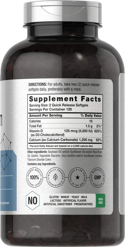 Horbäach Calcium 1200 mg with Vitamin D3 | 240 Softgels | 5000 IU Vitamin D3 | Absorbable Calcium Supplement for Women and Men - Maple Wellness Supplements