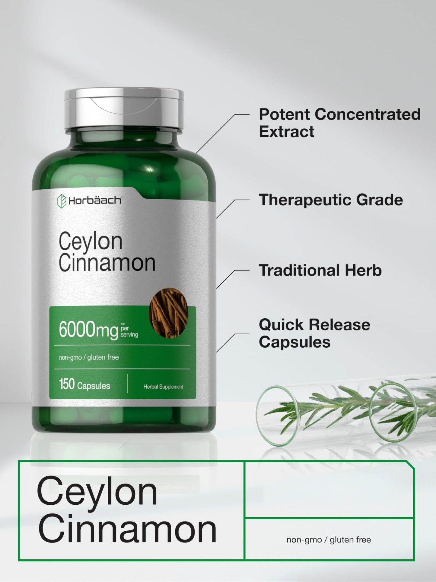 Horbäach Ceylon Cinnamon Supplement | 150 Capsules | Herbal Extract Pills | Non-GMO & Gluten Free - Maple Wellness Supplements