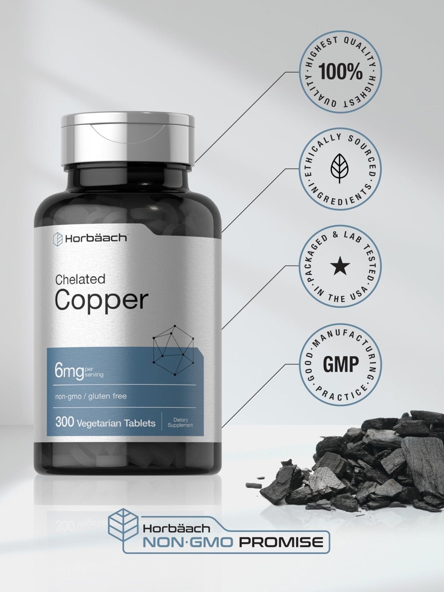 Horbäach Chelated Copper Supplement 6mg | 300 Tablets | Essential Trace Mineral | Vegetarian, Non-GMO, Gluten Free - Maple Wellness Supplements