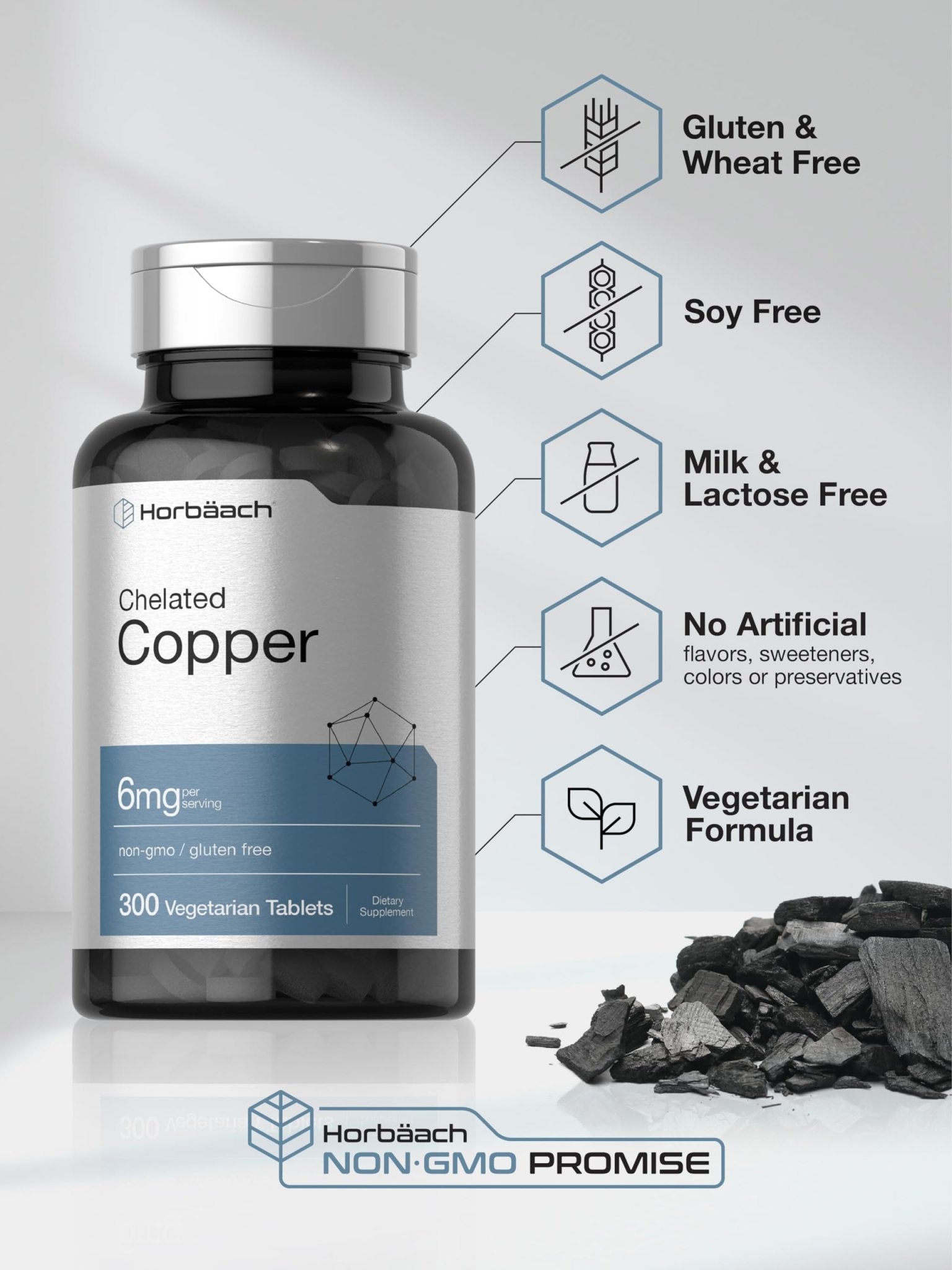 Horbäach Chelated Copper Supplement 6mg | 300 Tablets | Essential Trace Mineral | Vegetarian, Non-GMO, Gluten Free - Maple Wellness Supplements