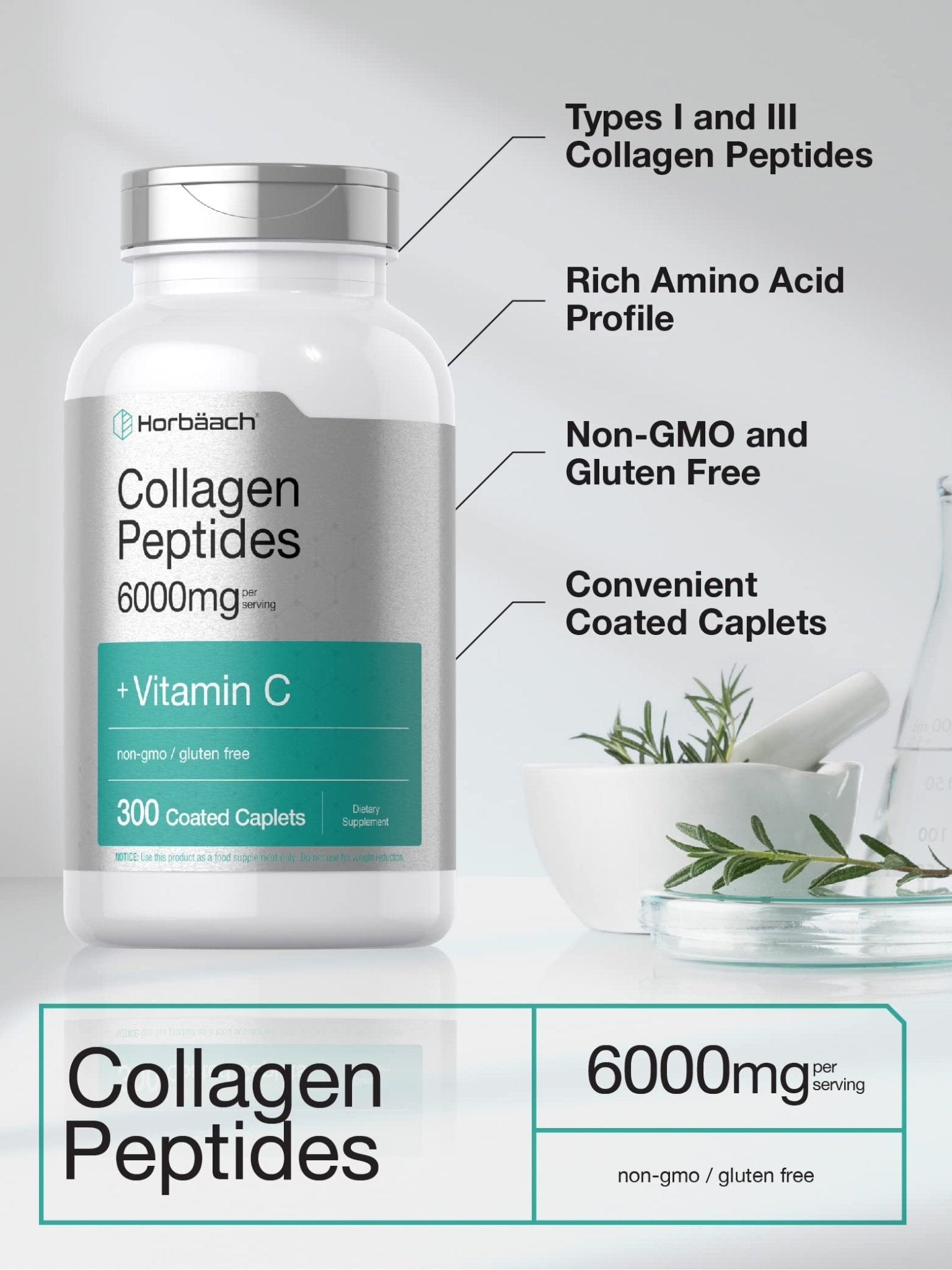 Horbäach Collagen Peptides 6000mg | 300 Caplet Pills | with Vitamin C | Hydrolyzed Collagen Supplement | Non-GMO, Gluten Free - Maple Wellness Supplements