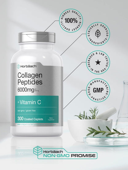 Horbäach Collagen Peptides 6000mg | 300 Caplet Pills | with Vitamin C | Hydrolyzed Collagen Supplement | Non-GMO, Gluten Free - Maple Wellness Supplements