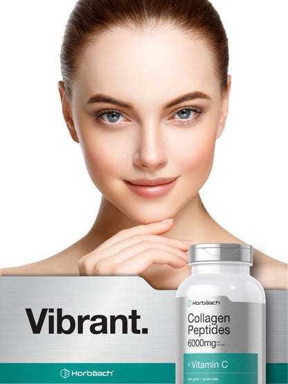 Horbäach Collagen Peptides 6000mg | 300 Caplet Pills | with Vitamin C | Hydrolyzed Collagen Supplement | Non-GMO, Gluten Free - Maple Wellness Supplements