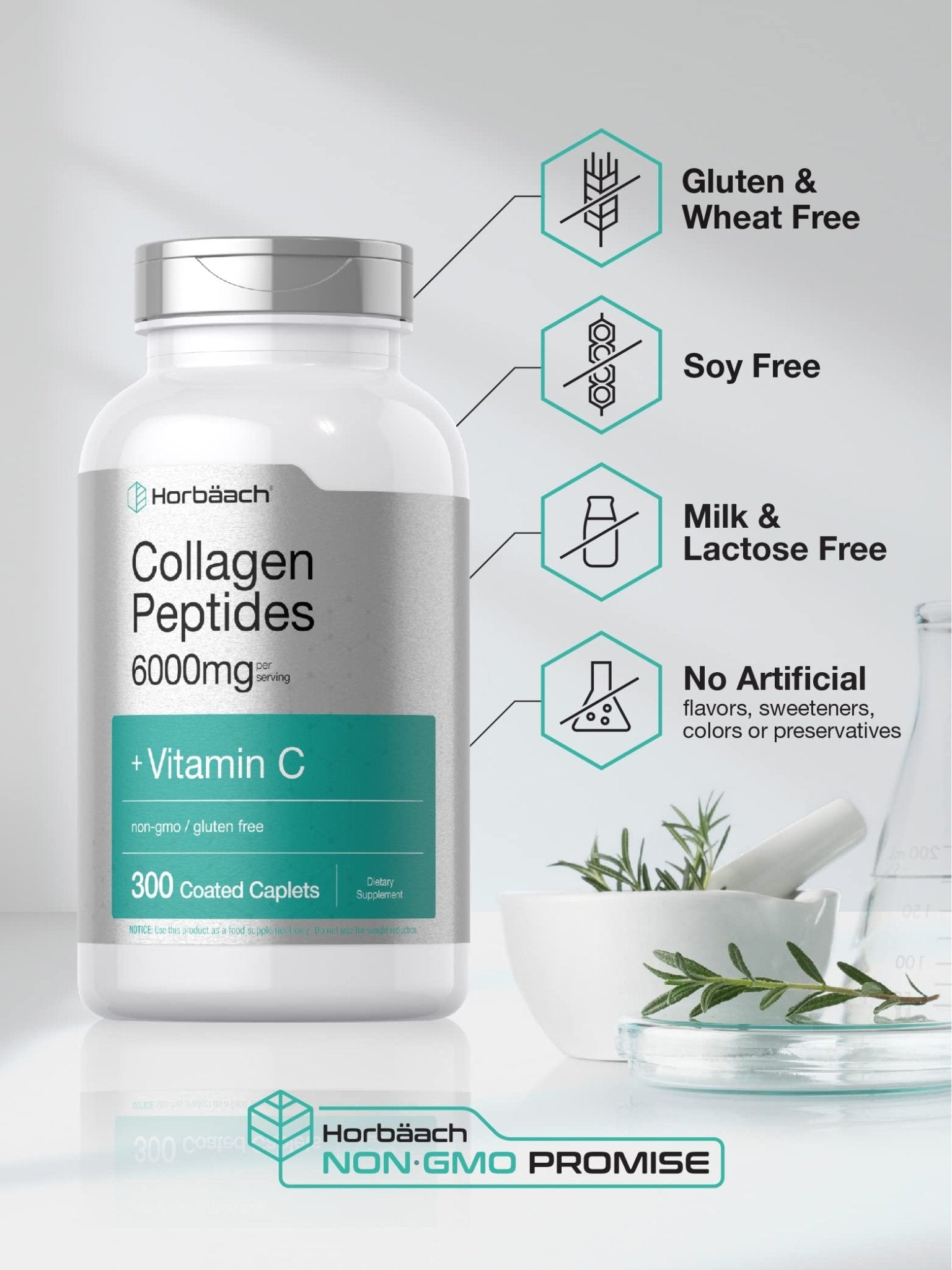 Horbäach Collagen Peptides 6000mg | 300 Caplet Pills | with Vitamin C | Hydrolyzed Collagen Supplement | Non-GMO, Gluten Free - Maple Wellness Supplements