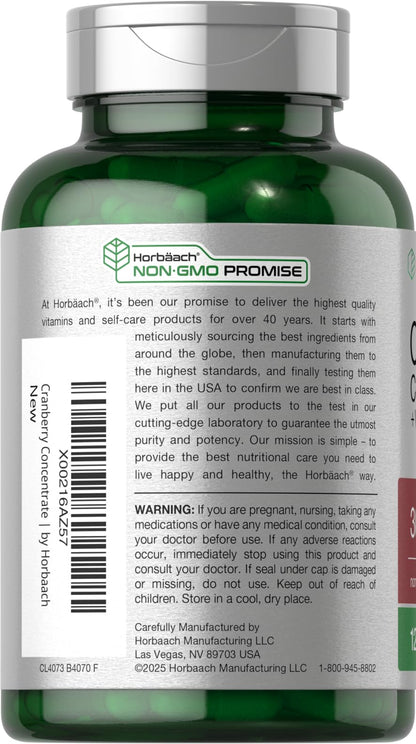 Horbäach Cranberry Concentrate Extract Pills + Vitamin C | 120 Capsules | Supplement for Women and Men | Triple Strength Ultimate Potency Formula - Maple Wellness Supplements