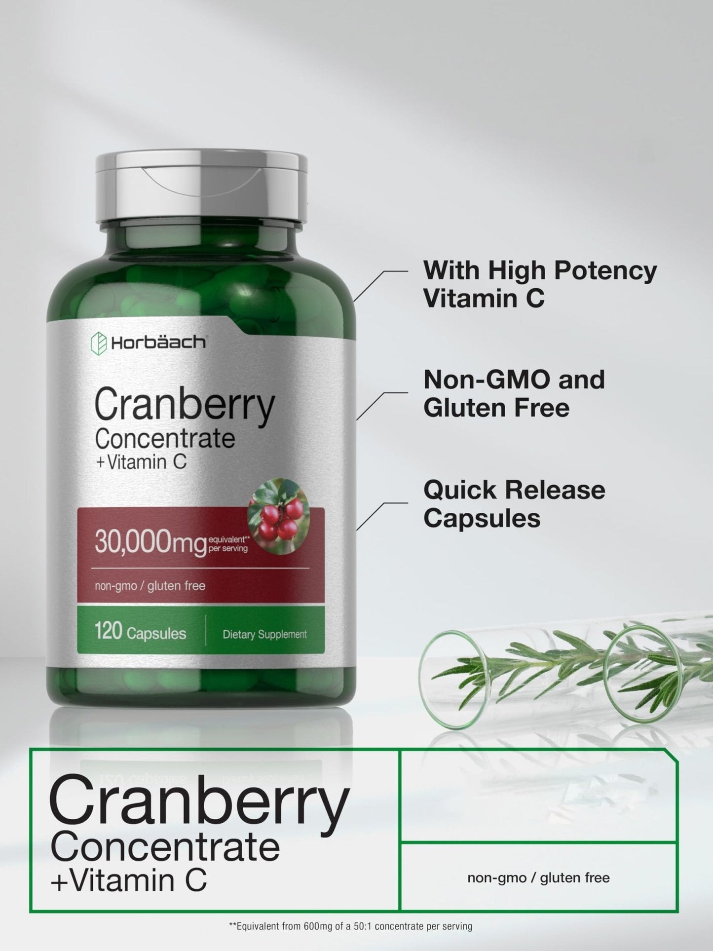 Horbäach Cranberry Concentrate Extract Pills + Vitamin C | 120 Capsules | Supplement for Women and Men | Triple Strength Ultimate Potency Formula - Maple Wellness Supplements