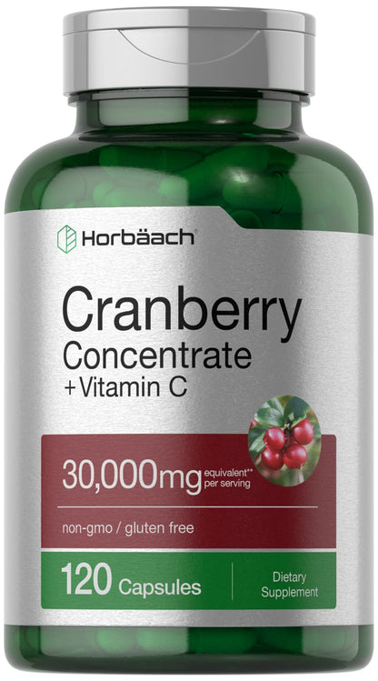 Horbäach Cranberry Concentrate Extract Pills + Vitamin C | 120 Capsules | Supplement for Women and Men | Triple Strength Ultimate Potency Formula - Maple Wellness Supplements