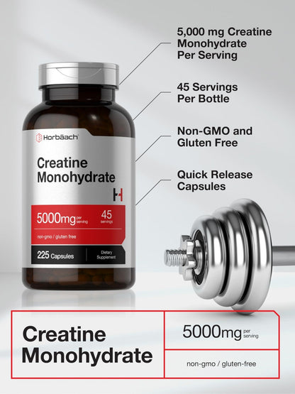 Horbäach Creatine Monohydrate | 5g | 225 Capsules | Non-GMO, Gluten Free Supplement - Maple Wellness Supplements