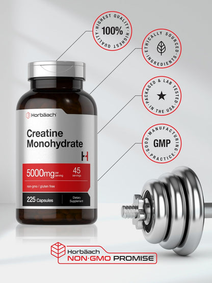 Horbäach Creatine Monohydrate | 5g | 225 Capsules | Non-GMO, Gluten Free Supplement - Maple Wellness Supplements