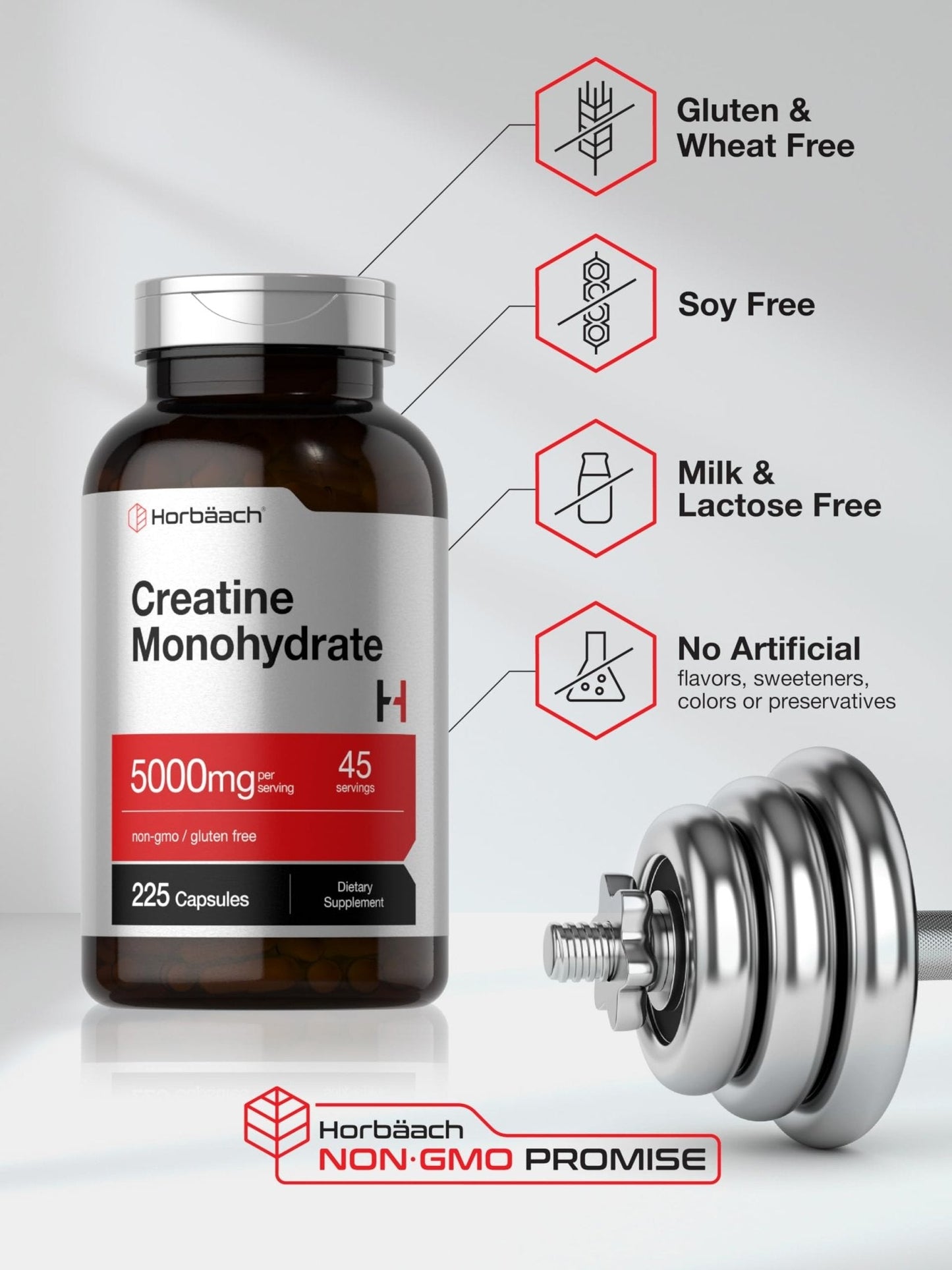 Horbäach Creatine Monohydrate | 5g | 225 Capsules | Non-GMO, Gluten Free Supplement - Maple Wellness Supplements