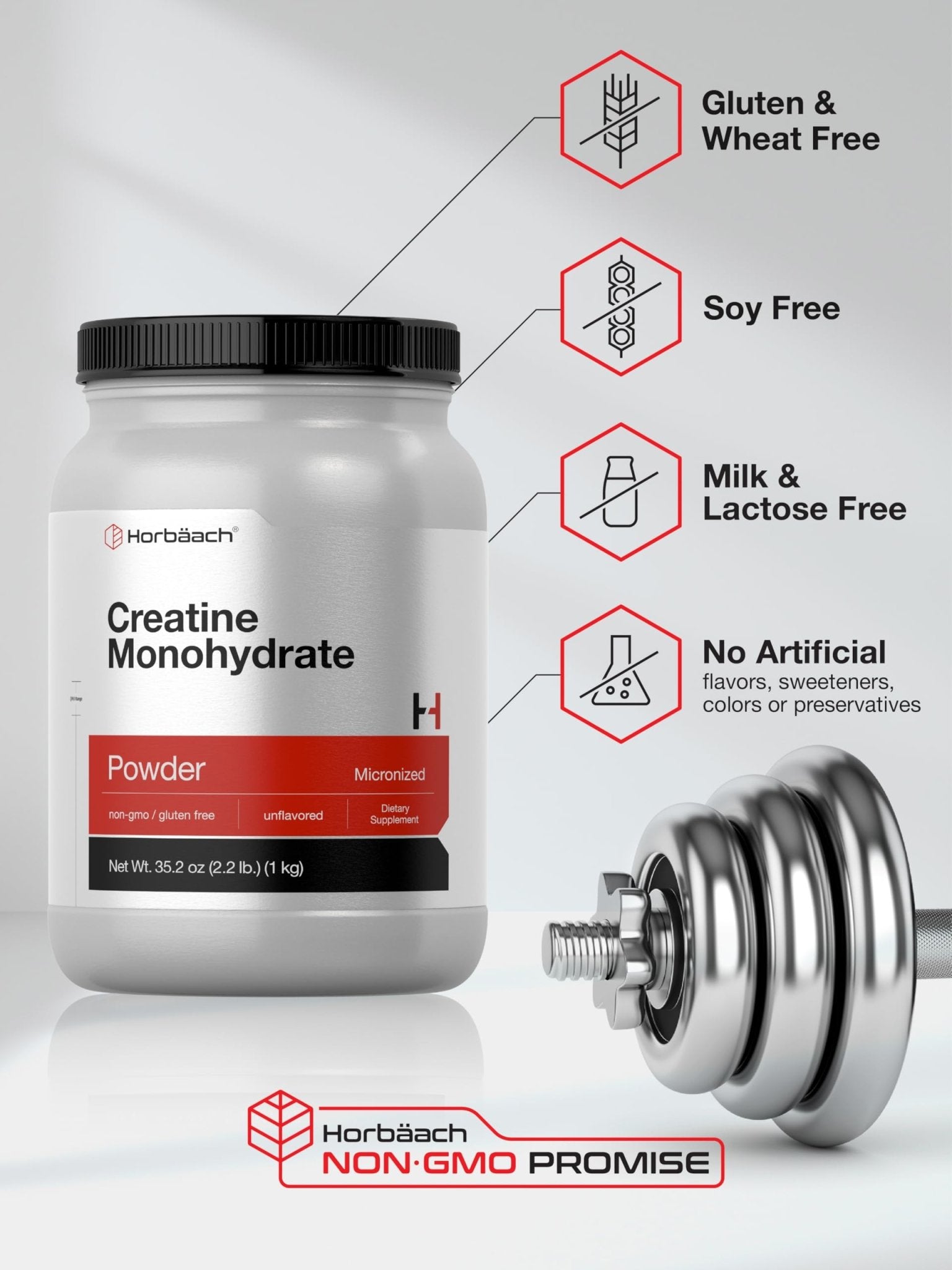 Horbäach Creatine Monohydrate Powder | 2.2lbs (35.2 oz) | Micronized and Unflavored | Vegetarian, Non-GMO, and Gluten Free Supplement - Maple Wellness Supplements