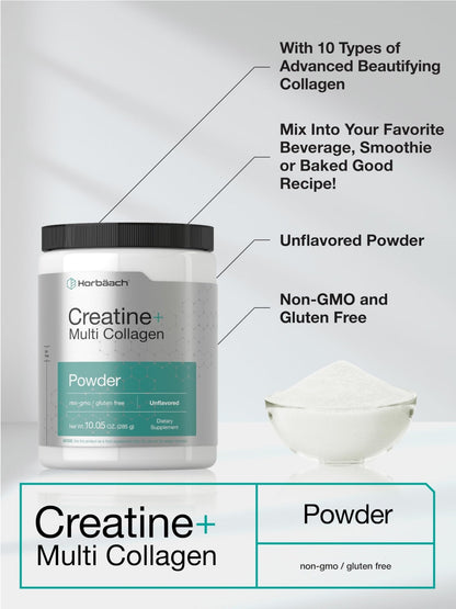 Horbäach Creatine Monohydrate Powder | with Collagen and L-Taurine | 10.05 oz | Unflavored | for Women and Men | Non-GMO, Gluten Free - Maple Wellness Supplements