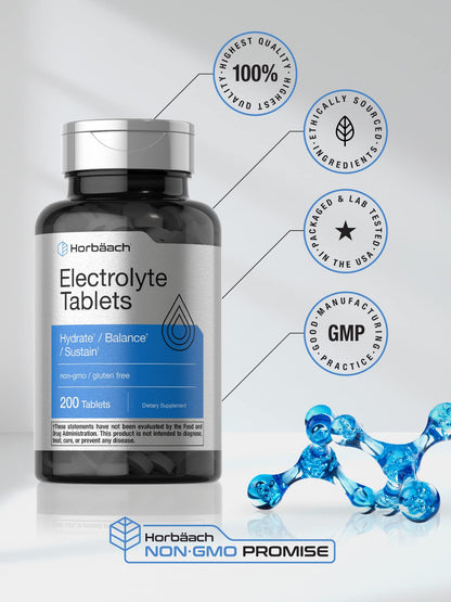 Horbäach Electrolyte Tablets | 200 Count | Helps Hydrate, Balance, & Sustain | with Calcium, Magnesium, Chloride, Sodium and Potassium | Vegetarian, Non-GMO & Gluten Free - Maple Wellness Supplements